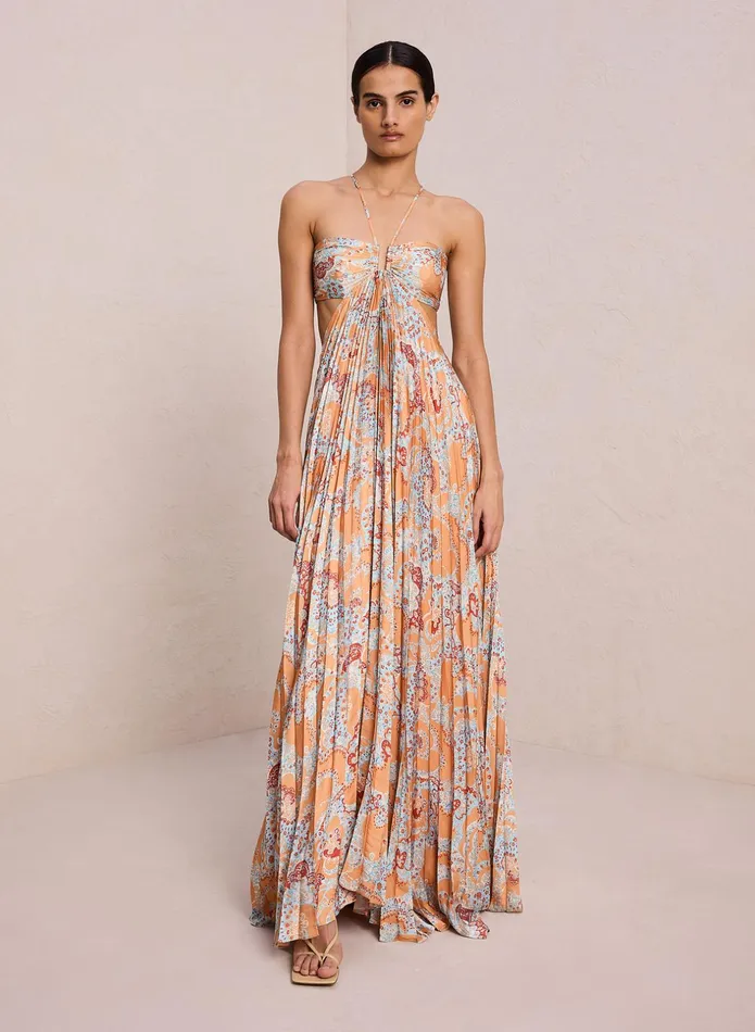 ALC Dresses Moira Satin Pleated Dress Apricot Multi 8211 Women