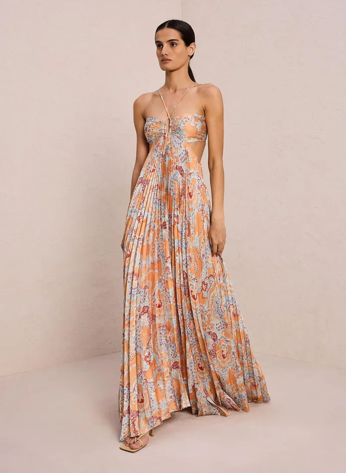 ALC Dresses Moira Satin Pleated Dress Apricot Multi 8211 Women