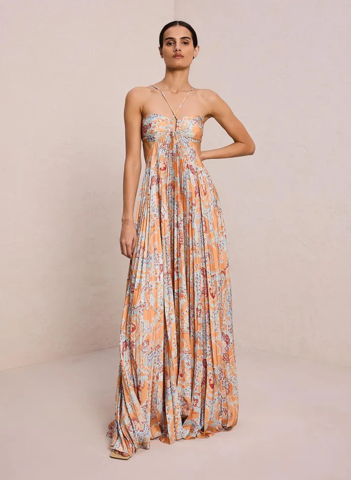ALC Dresses Moira Satin Pleated Dress Apricot Multi 8211 Women