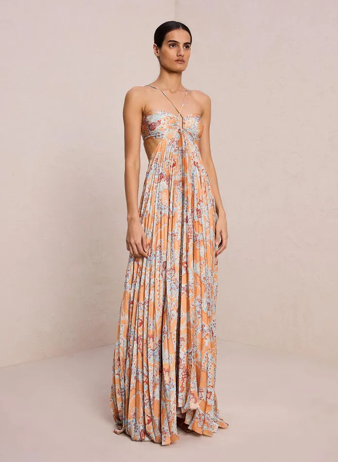ALC Dresses Moira Satin Pleated Dress Apricot Multi 8211 Women