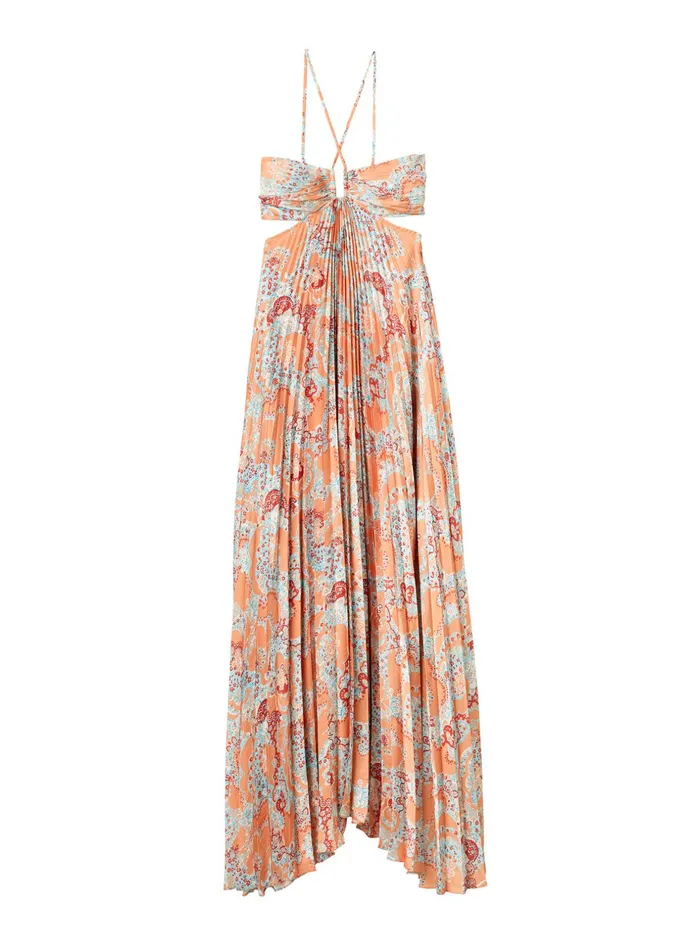 ALC Dresses Moira Satin Pleated Dress Apricot Multi 8211 Women