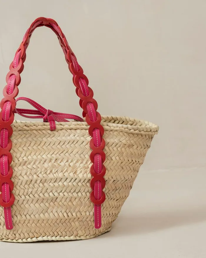 ALOHAS Bags Women Palmette 8211 Red And Pink Leather Straw Bag