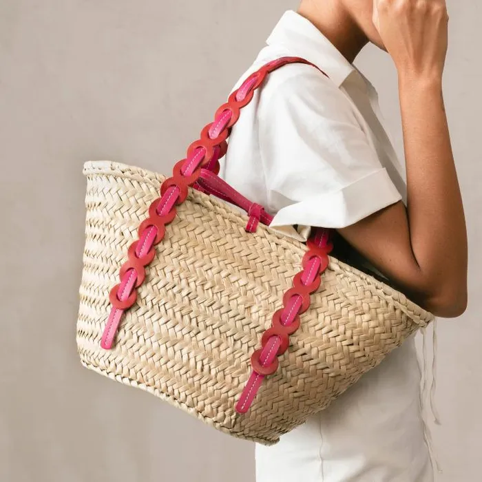 ALOHAS Bags Women Palmette 8211 Red And Pink Leather Straw Bag