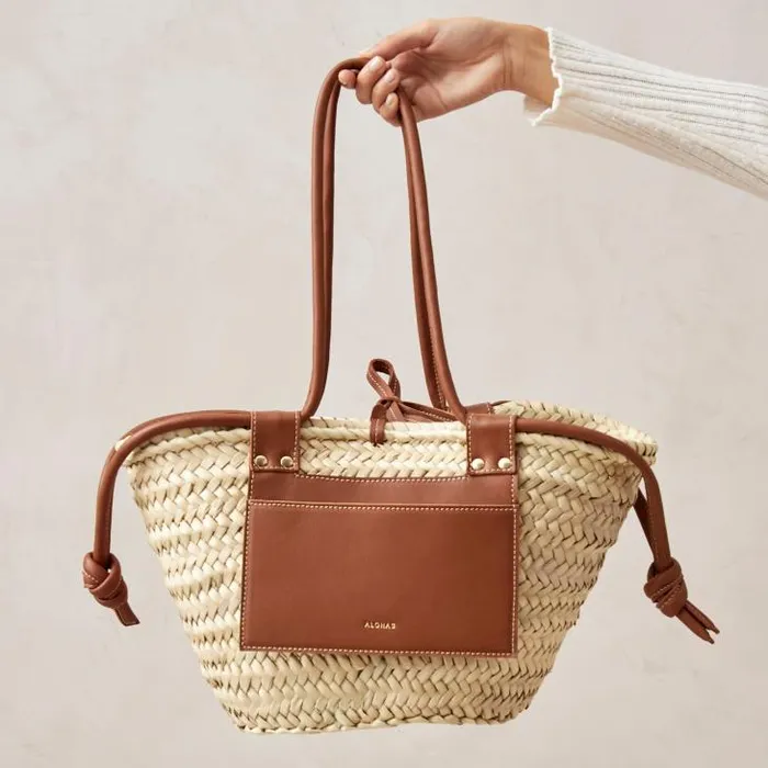 ALOHAS Bags Women Panier 8211 Raffia Handbag With Brown Leather Details