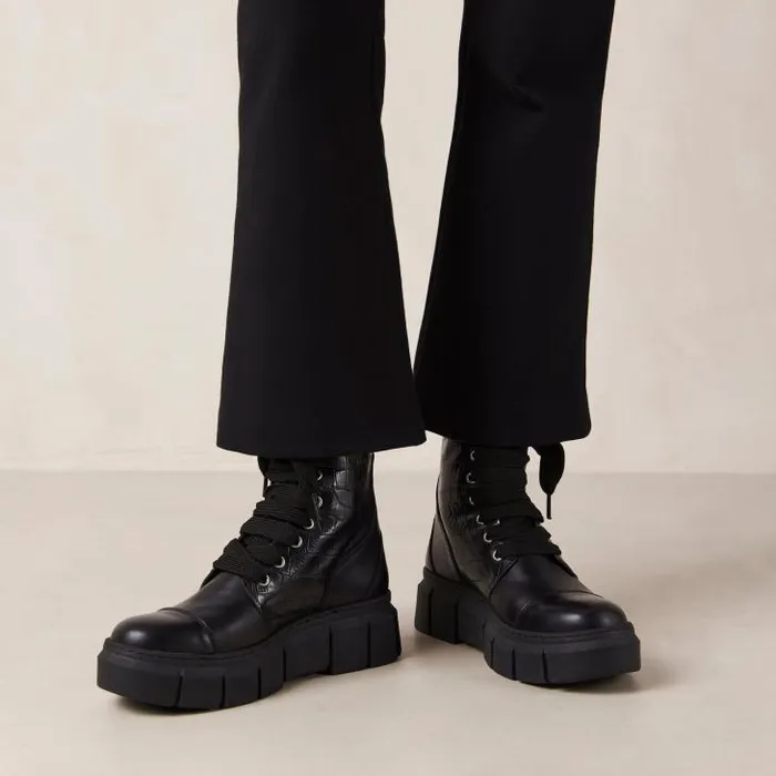 ALOHAS Boots Women Can Can Croco 8211 Black Leather Boots