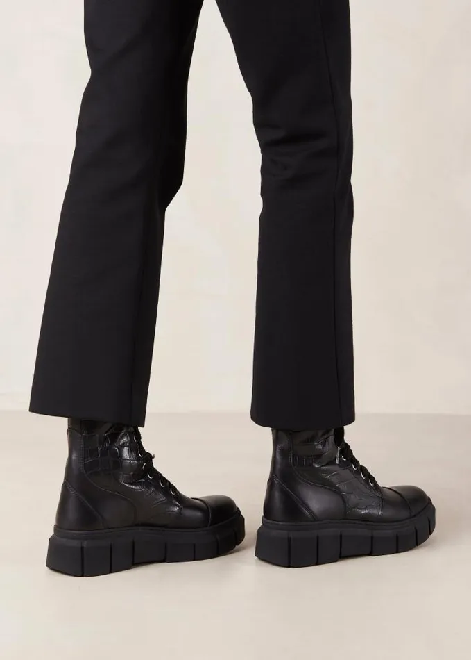 ALOHAS Boots Women Can Can Croco 8211 Black Leather Boots