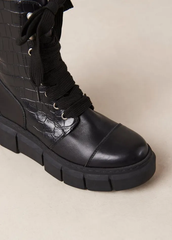ALOHAS Boots Women Can Can Croco 8211 Black Leather Boots