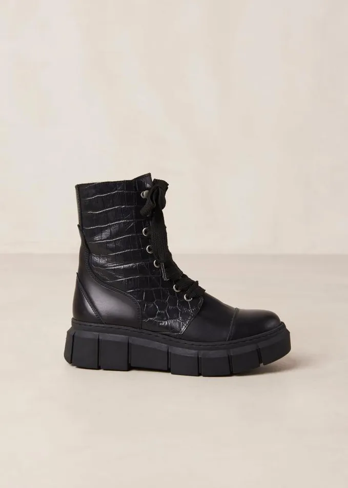 ALOHAS Boots Women Can Can Croco 8211 Black Leather Boots