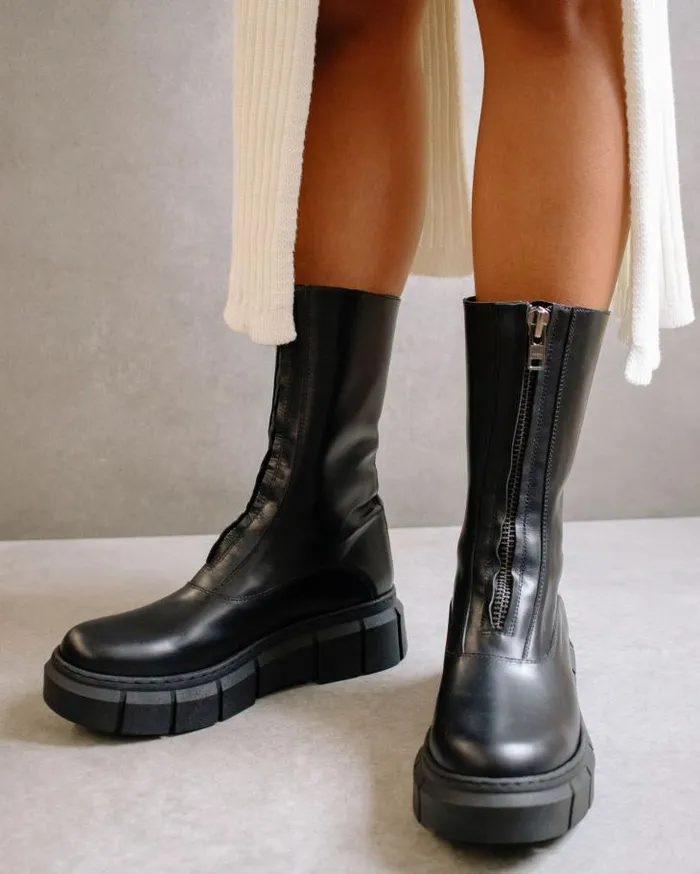 ALOHAS Boots Women Peak Zipper 8211 Black Leather Boots