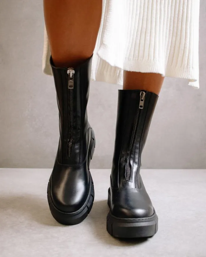 ALOHAS Boots Women Peak Zipper 8211 Black Leather Boots