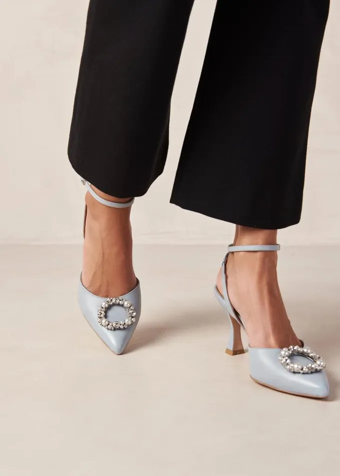 ALOHAS Heels Women Cinderella Crystal 8211 Light Blue Leather Pumps