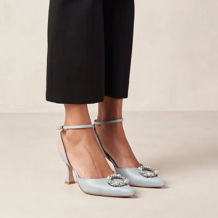ALOHAS Heels Women Cinderella Crystal 8211 Light Blue Leather Pumps