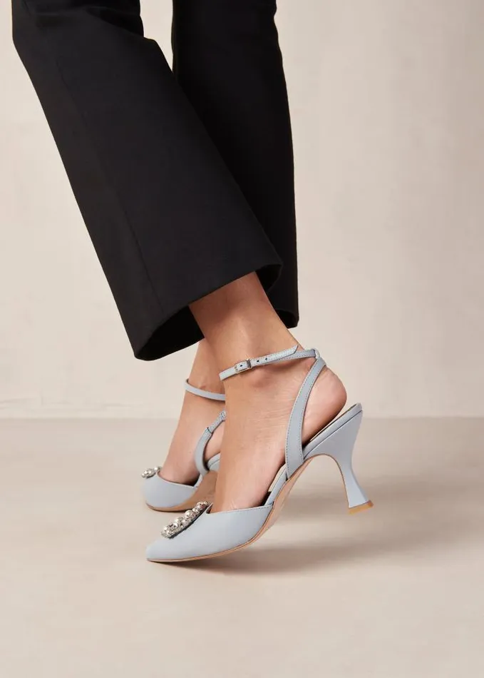 ALOHAS Heels Women Cinderella Crystal 8211 Light Blue Leather Pumps