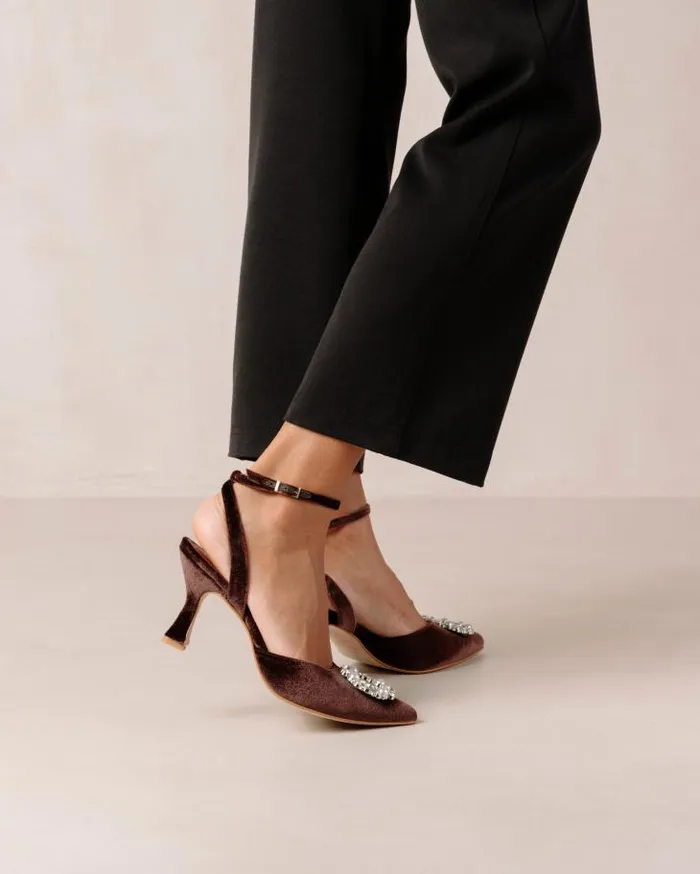 ALOHAS Pumps Women Cinderella Crystal 8211 Brown Velvet Pumps