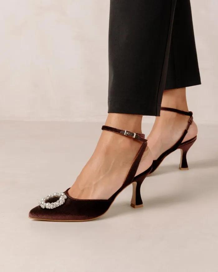 ALOHAS Pumps Women Cinderella Crystal 8211 Brown Velvet Pumps