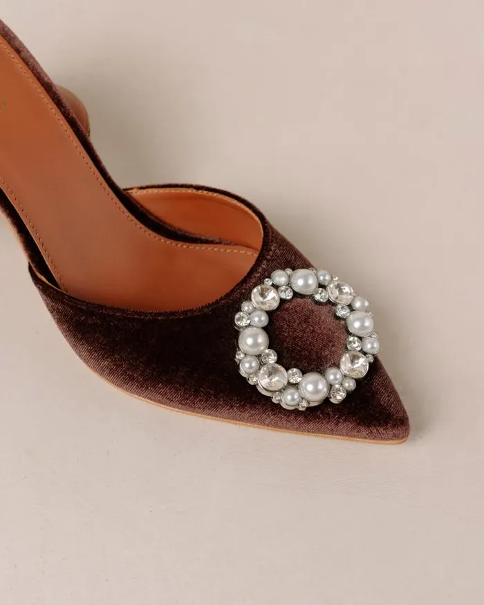 ALOHAS Pumps Women Cinderella Crystal 8211 Brown Velvet Pumps