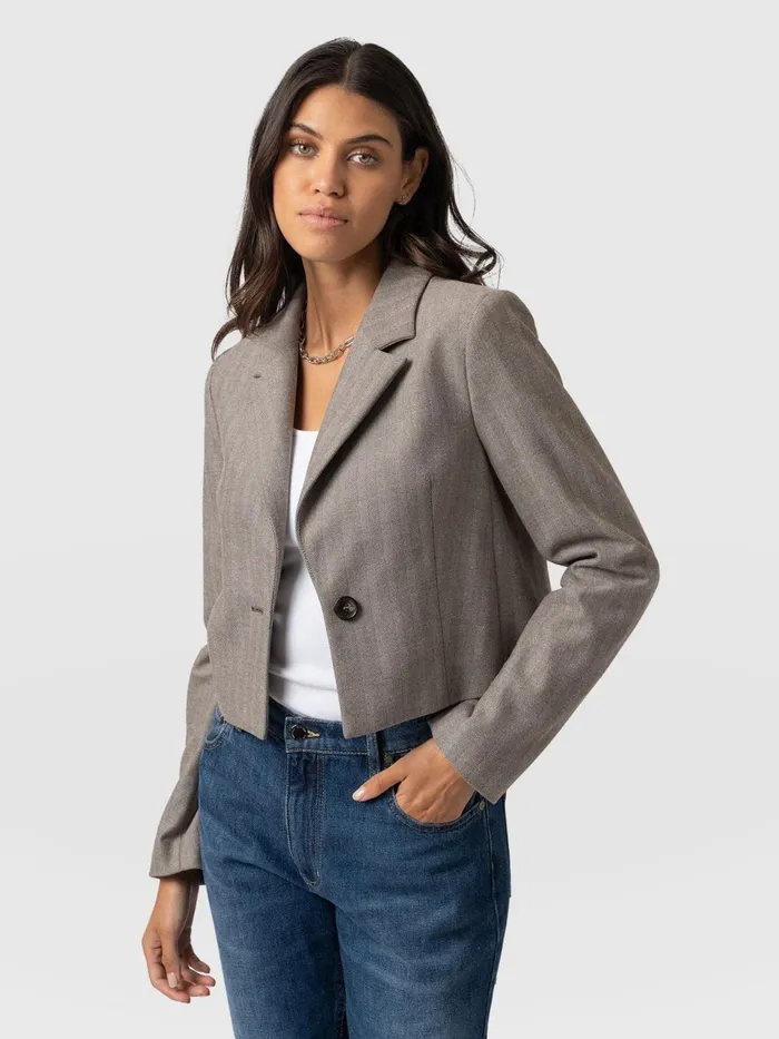 Astrid Cropped Blazer 8211 Brown Herringbone Brown Herringbone Women Saint And Sofia Blazers