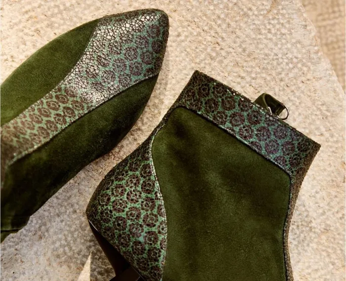 Audley Shoes Mid Heel Leather Bootie Eviana Green Women Medium Heel