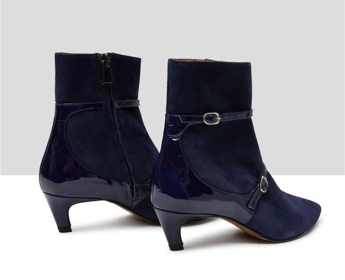 Audley Shoes Mid Heel Leather Booties Kathy Blue Women Low Heel