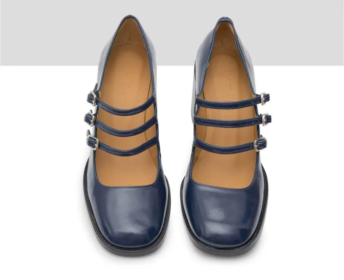 Audley Shoes Mid Heel Leather Shoe Kamila Blue Women Medium Heel