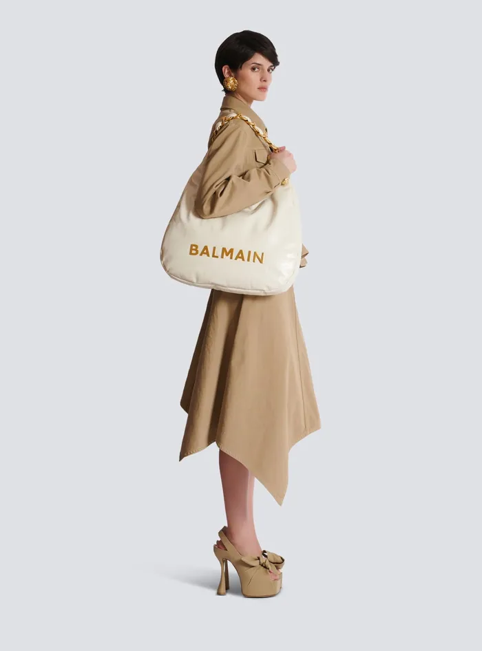 Balmain 1945 Soft Hobo Bag In Embossed Crinkled Calfskin With A PB Labyrinth Monogram White Women Shoulder Bags