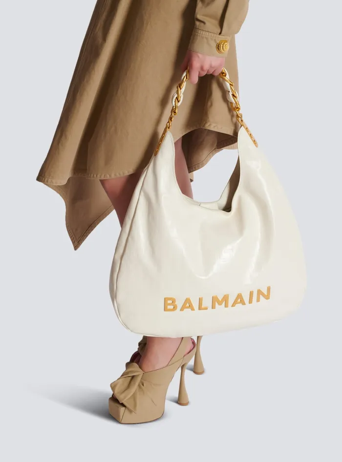 Balmain 1945 Soft Hobo Bag In Embossed Crinkled Calfskin With A PB Labyrinth Monogram White Women Shoulder Bags