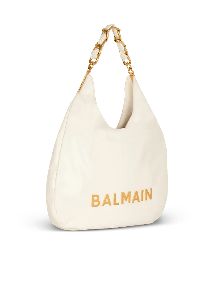 Balmain 1945 Soft Hobo Bag In Embossed Crinkled Calfskin With A PB Labyrinth Monogram White Women Shoulder Bags