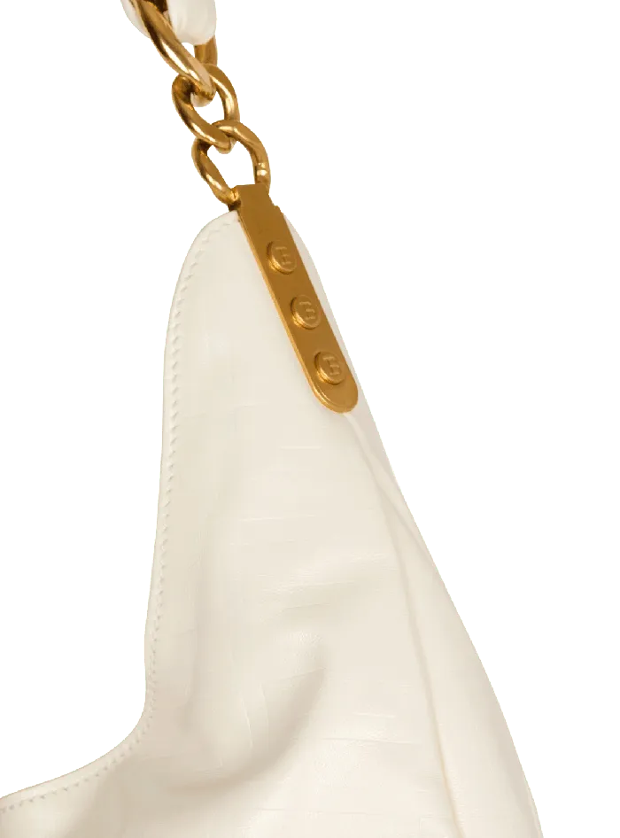 Balmain 1945 Soft Hobo Bag In Embossed Crinkled Calfskin With A PB Labyrinth Monogram White Women Shoulder Bags