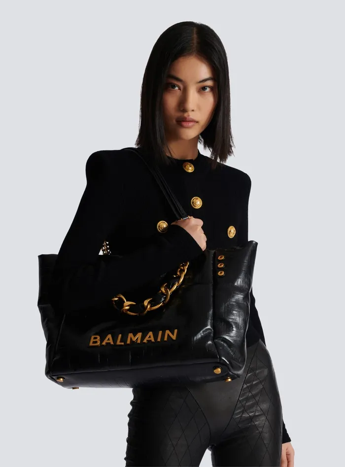 Balmain 1945 Soft Tote Bag In Crackled Calfskin Black Women Tote Bags
