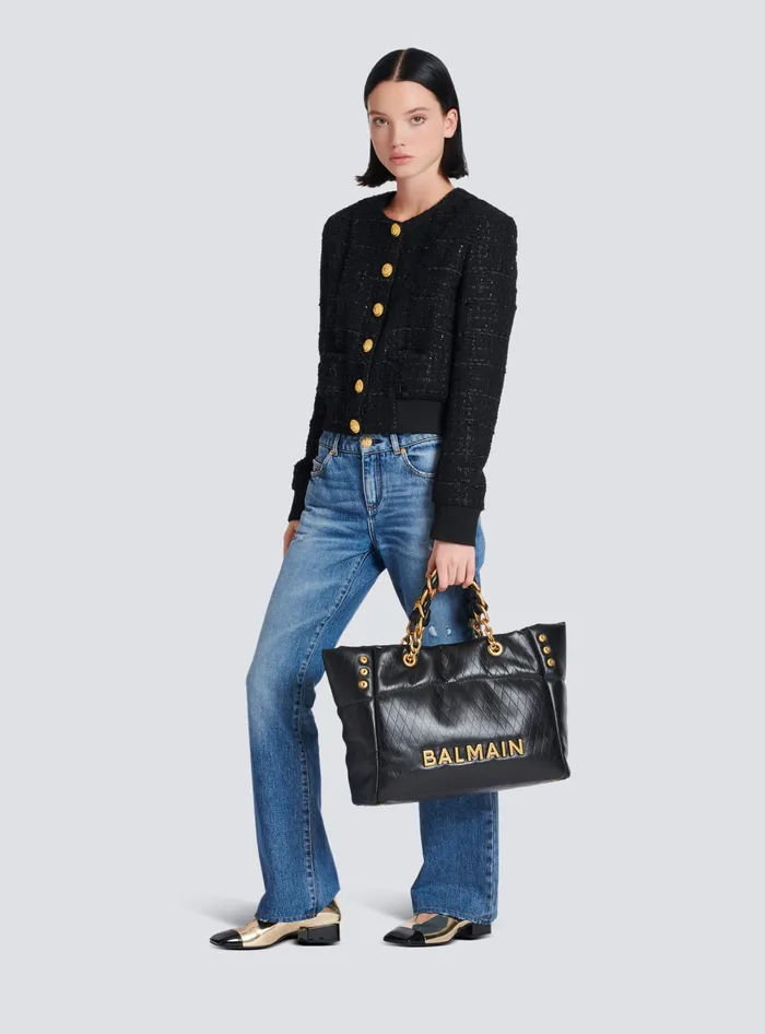 Balmain 1945 Soft Tote Bag In Embossed Calfskin Black Women Tote Bags