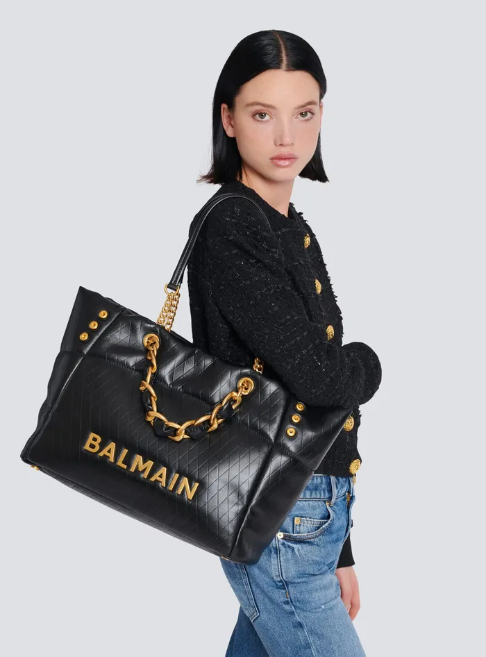 Balmain 1945 Soft Tote Bag In Embossed Calfskin Black Women Tote Bags