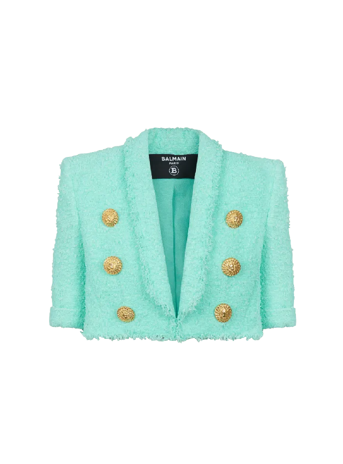 Balmain 6button Cropped Tweed Jacket Blue Women Jackets And Blazers