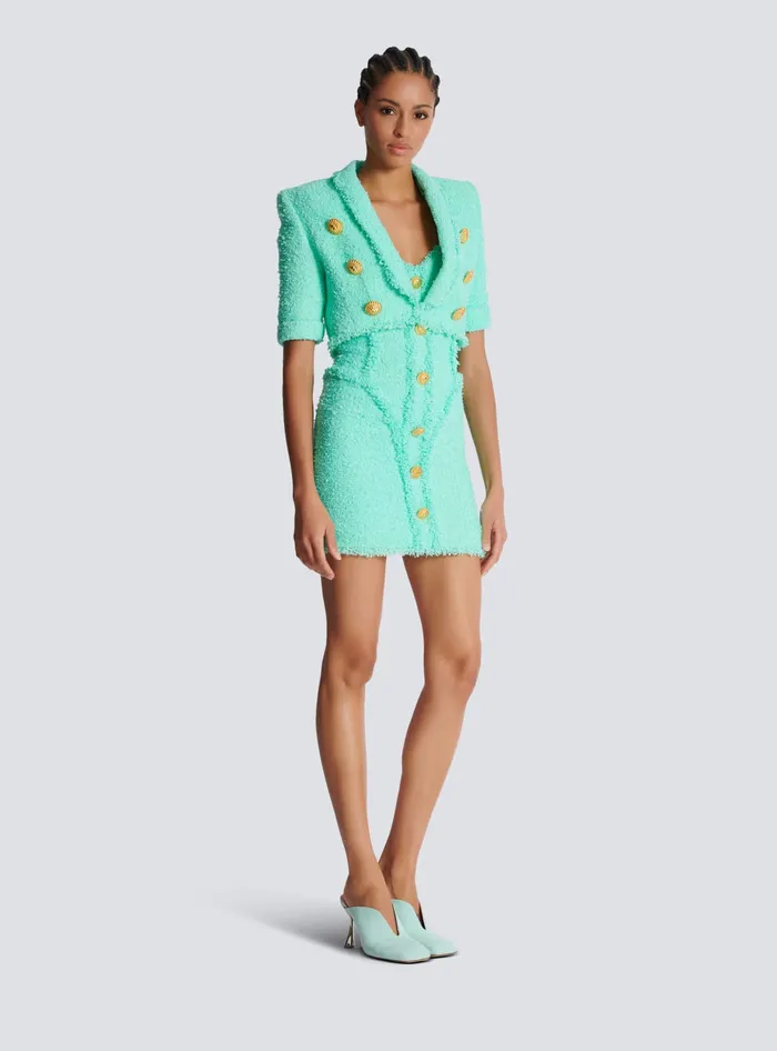 Balmain 6button Cropped Tweed Jacket Blue Women Jackets And Blazers