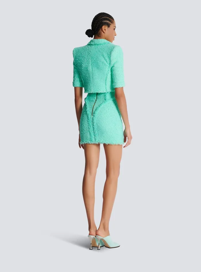 Balmain 6button Cropped Tweed Jacket Blue Women Jackets And Blazers