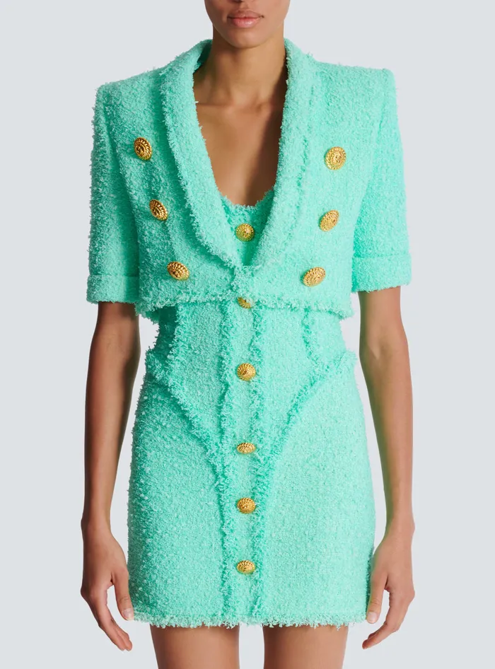 Balmain 6button Cropped Tweed Jacket Blue Women Jackets And Blazers