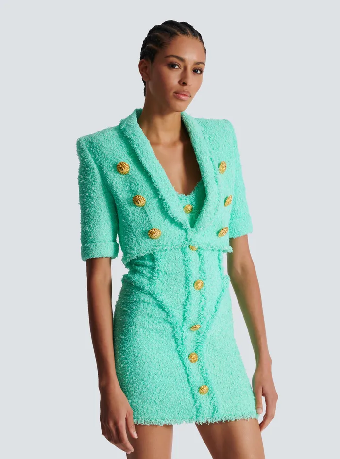 Balmain 6button Cropped Tweed Jacket Blue Women Jackets And Blazers