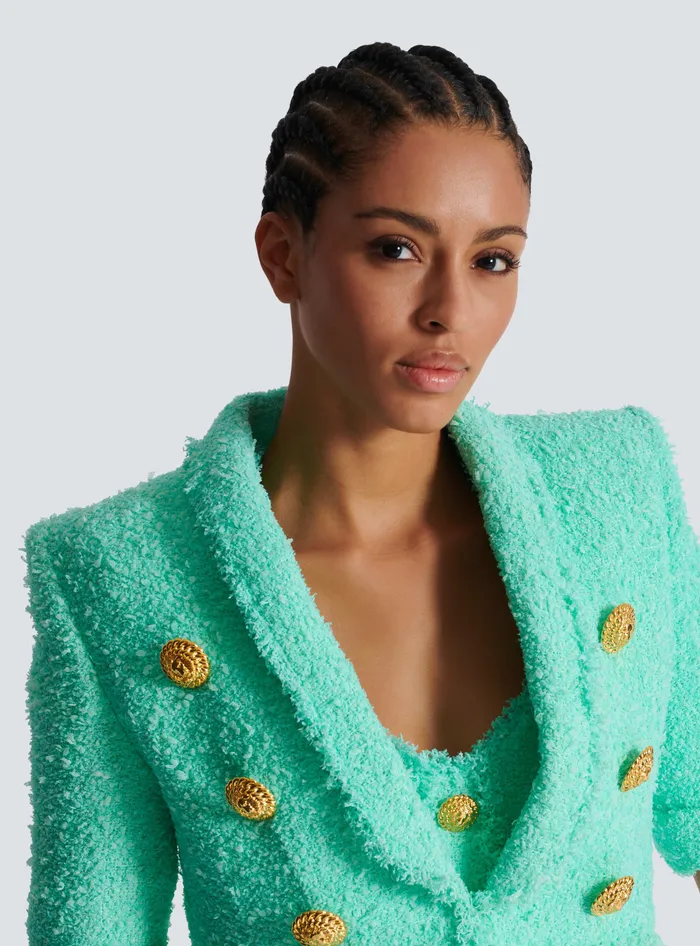 Balmain 6button Cropped Tweed Jacket Blue Women Jackets And Blazers