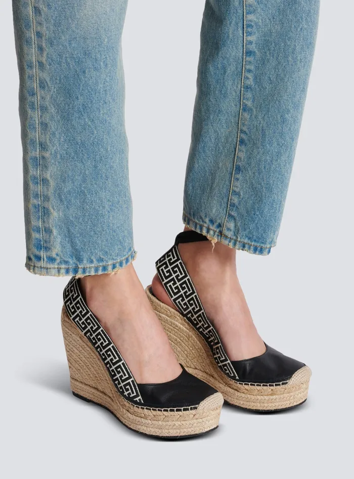 Balmain Alex Monogram Jacquard And Leather Espadrilles Black Women High Heels and Pumps