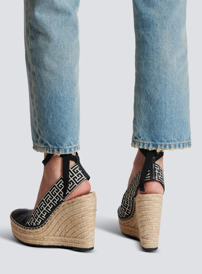Balmain Alex Monogram Jacquard And Leather Espadrilles Black Women High Heels and Pumps