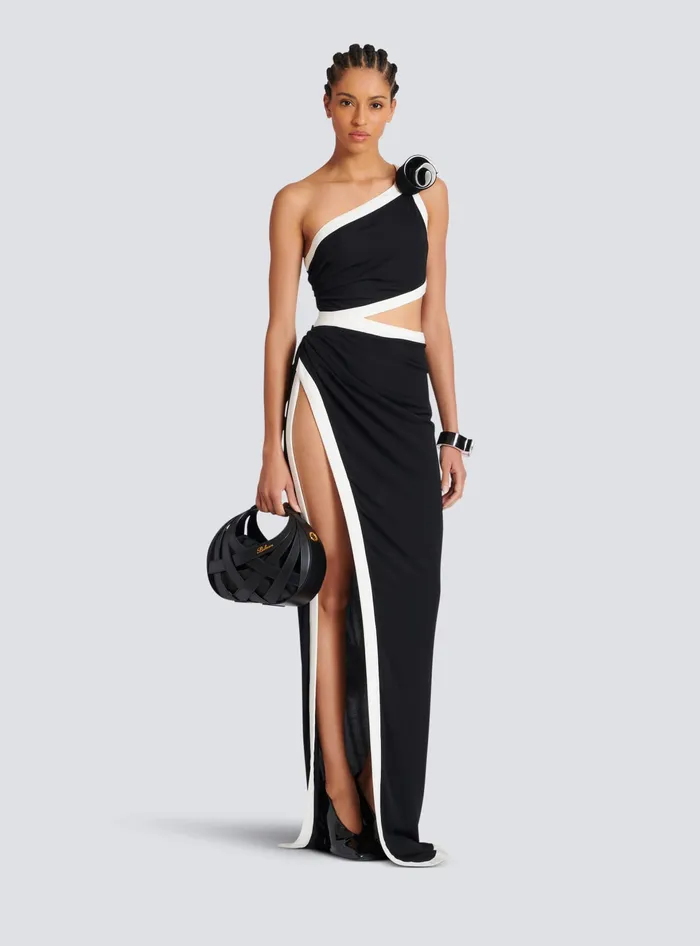 Balmain Asymmetric Dress With Rose Detail Black Women Dresses