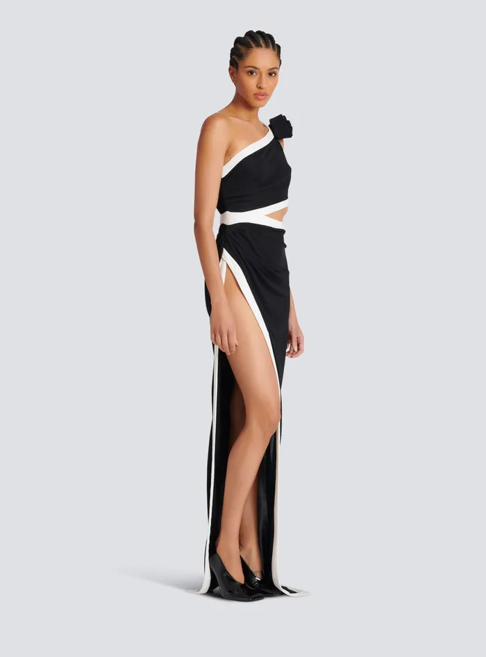 Balmain Asymmetric Dress With Rose Detail Black Women Dresses