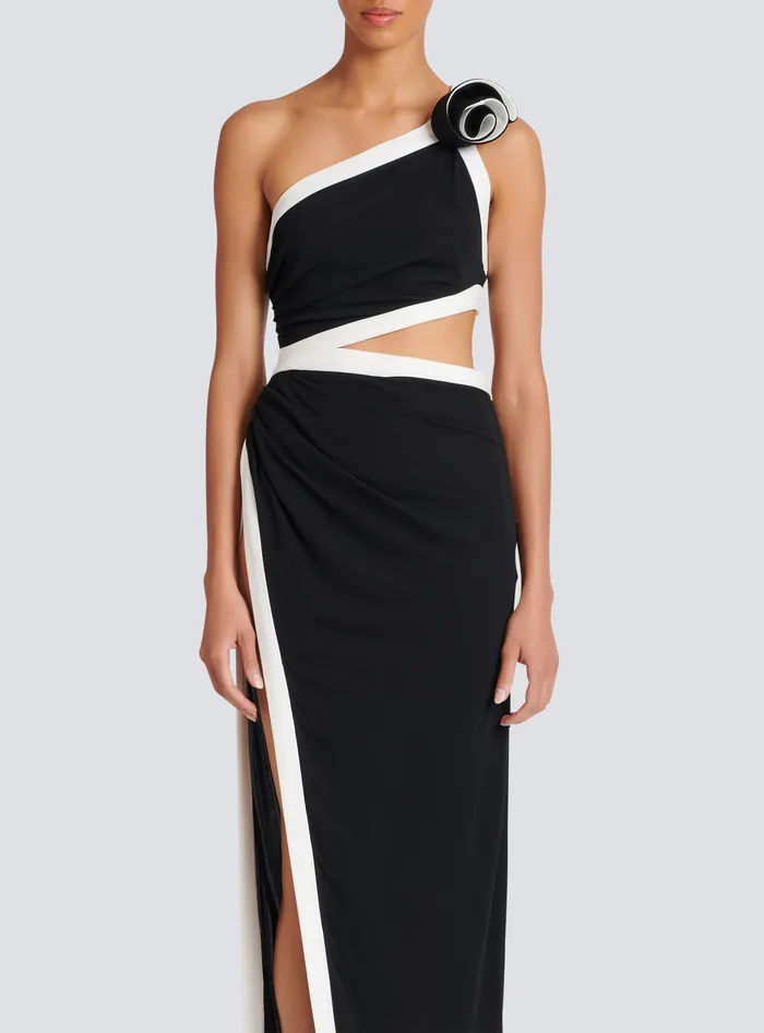 Balmain Asymmetric Dress With Rose Detail Black Women Dresses