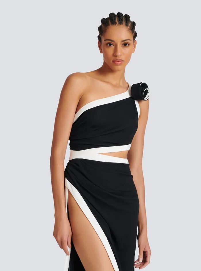 Balmain Asymmetric Dress With Rose Detail Black Women Dresses