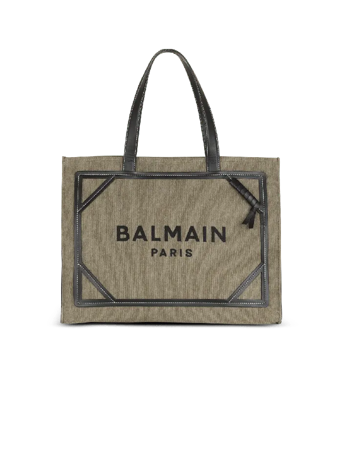 Balmain BArmy 42 Canvas Tote Bag With Leather Details Khaki Women Shoulder Bags Balmain BArmy 42 Canvas Tote Bag With Leather Details Khaki Women Shoulder Bags