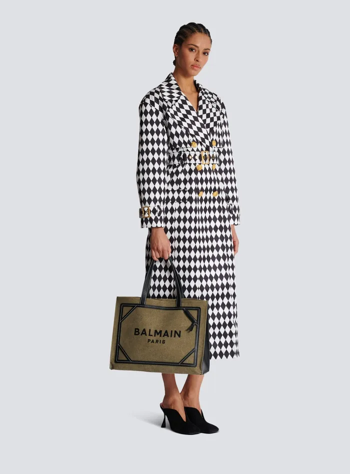 Balmain BArmy 42 Canvas Tote Bag With Leather Details Khaki Women Shoulder Bags
