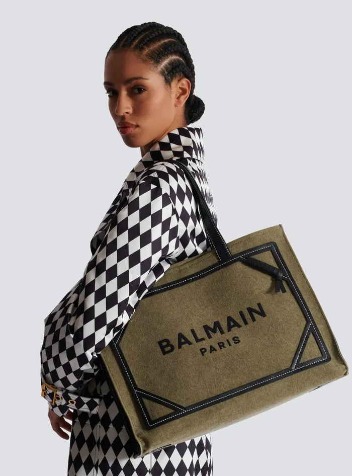 Balmain BArmy 42 Canvas Tote Bag With Leather Details Khaki Women Shoulder Bags