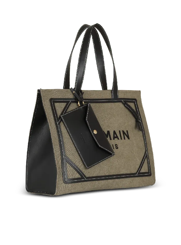 Balmain BArmy 42 Canvas Tote Bag With Leather Details Khaki Women Shoulder Bags