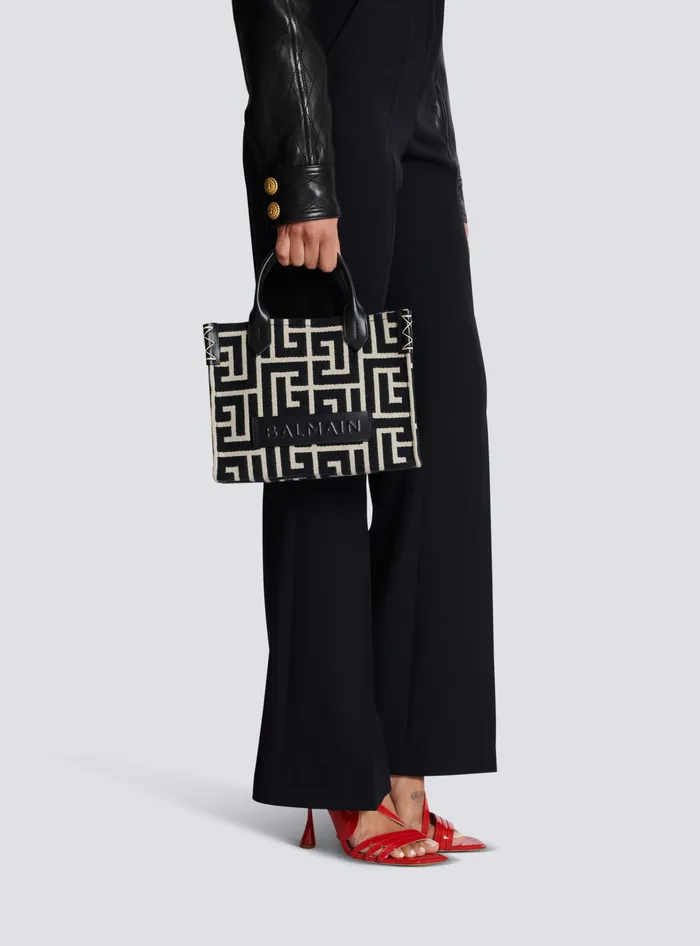 Balmain BArmy Monogrammed Jacquard And Leather Tote Bag Black Women Handbags