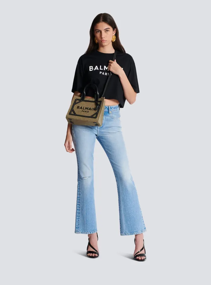 Balmain BArmy Small Tote Bag In Canvas And Leather Khaki Women Handbags