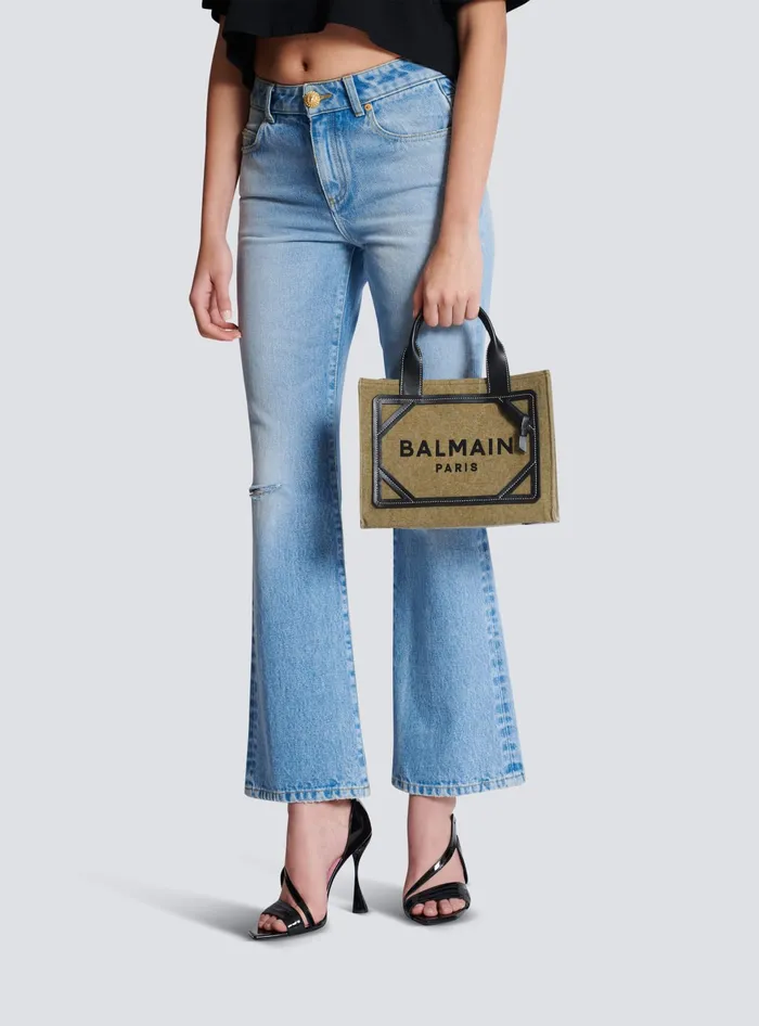 Balmain BArmy Small Tote Bag In Canvas And Leather Khaki Women Handbags